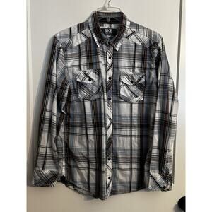 BKE Buckle Plaid Shirt Standard Fit Pearl Snap Western Blue White Brown Sz L